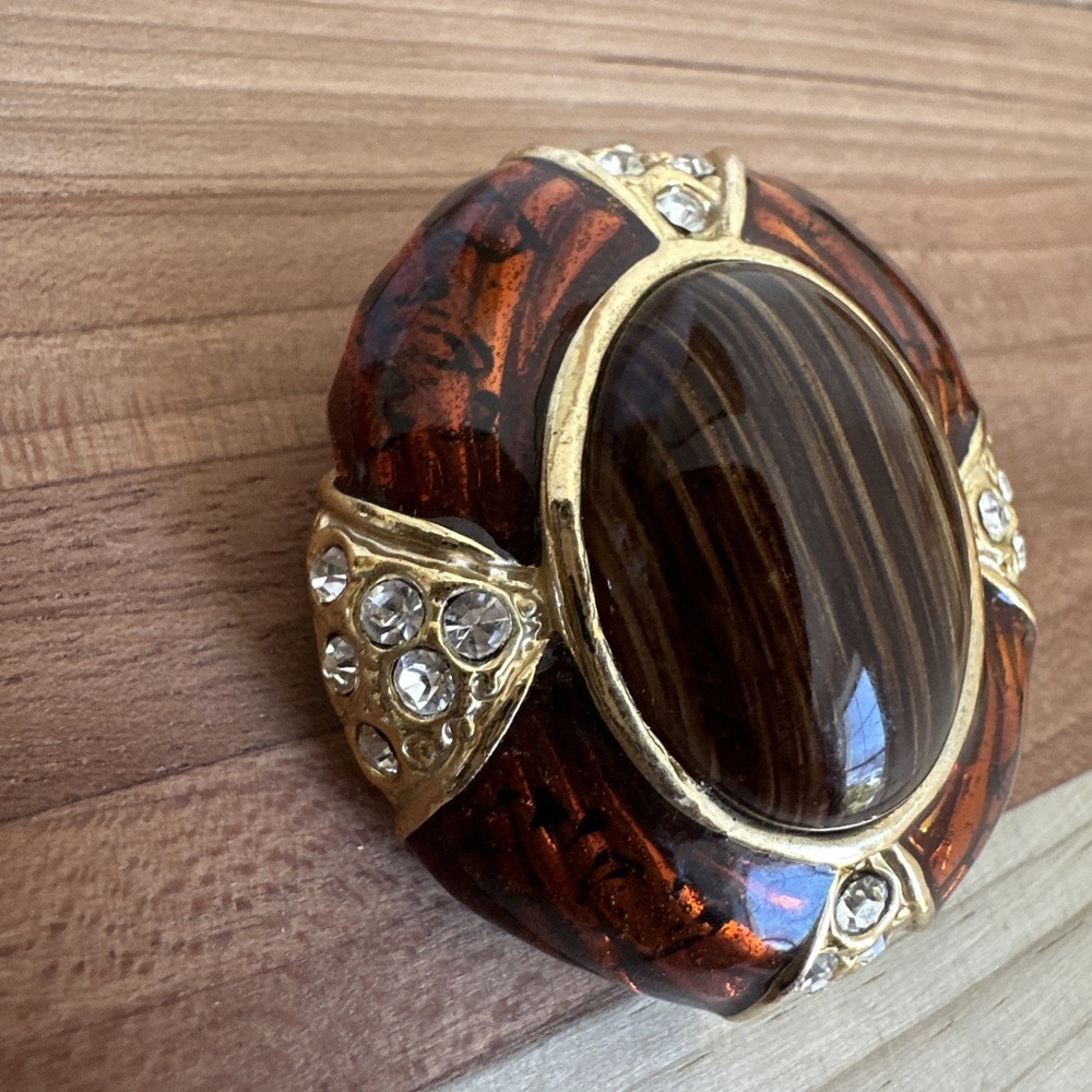 Vintage Brooch Pin 1.75 Inch Brown Marbled Art Glass Clear Rhinestones Gold - Picture 4 of 8